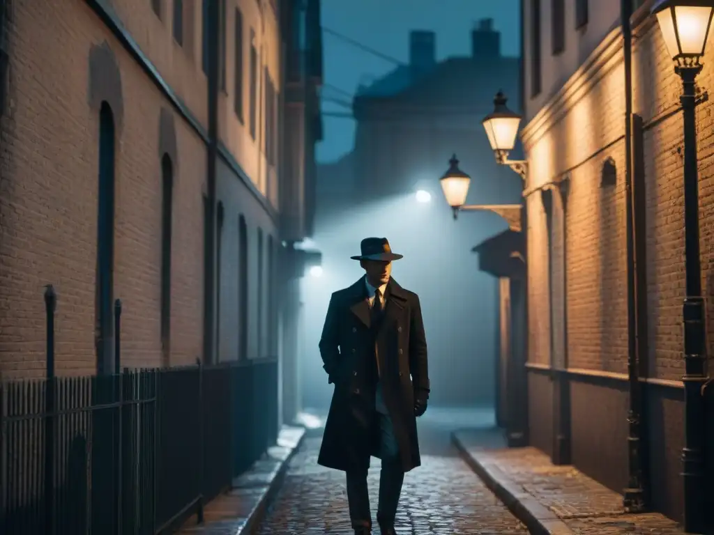 En la penumbra de un callejón, una figura enigmática bajo la luz de la farola