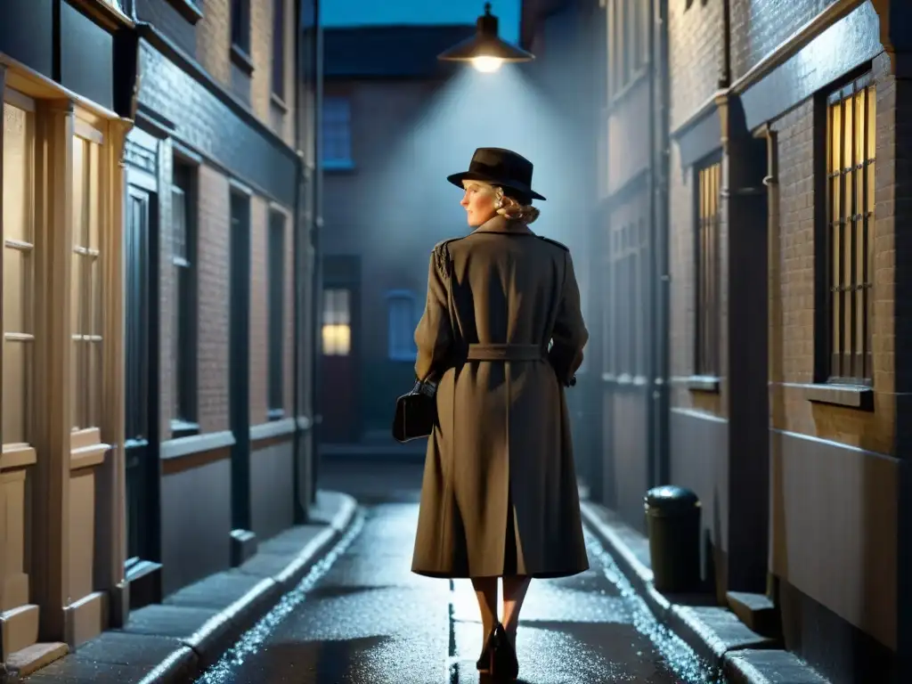 En la penumbra de un callejón, una figura misteriosa bajo la luz de una farola, evocando a Miss Marple