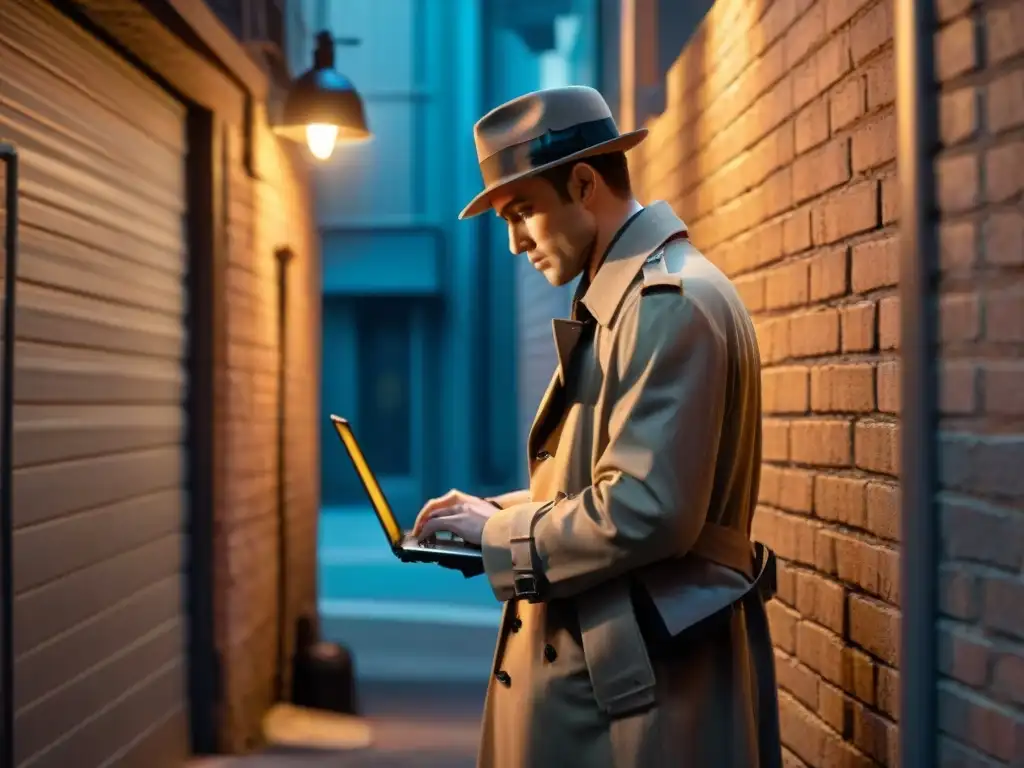 Figura en la penumbra de un callejón, tecleando en laptop