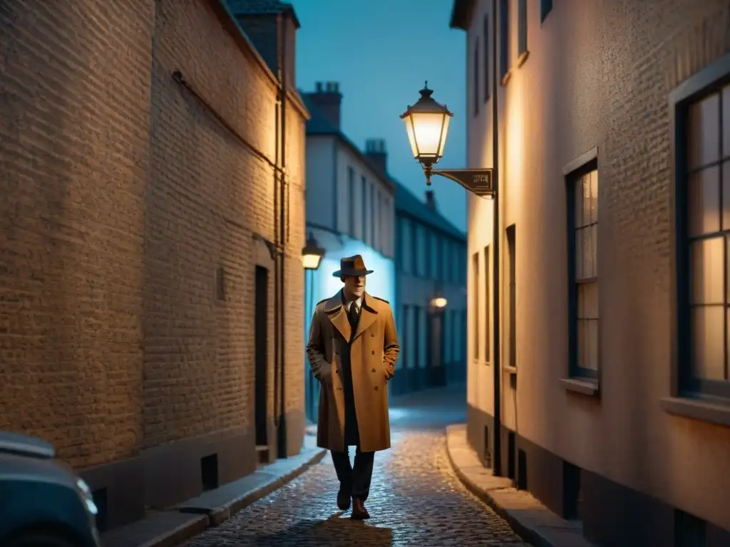 En la penumbra de un callejón, un misterioso detective bajo la luz de la farola