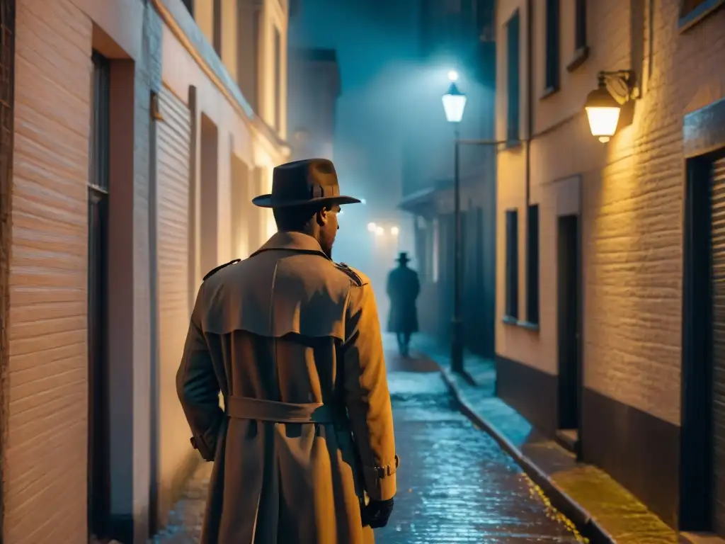 En la penumbra de un callejón, un misterioso personaje bajo la luz de una farola