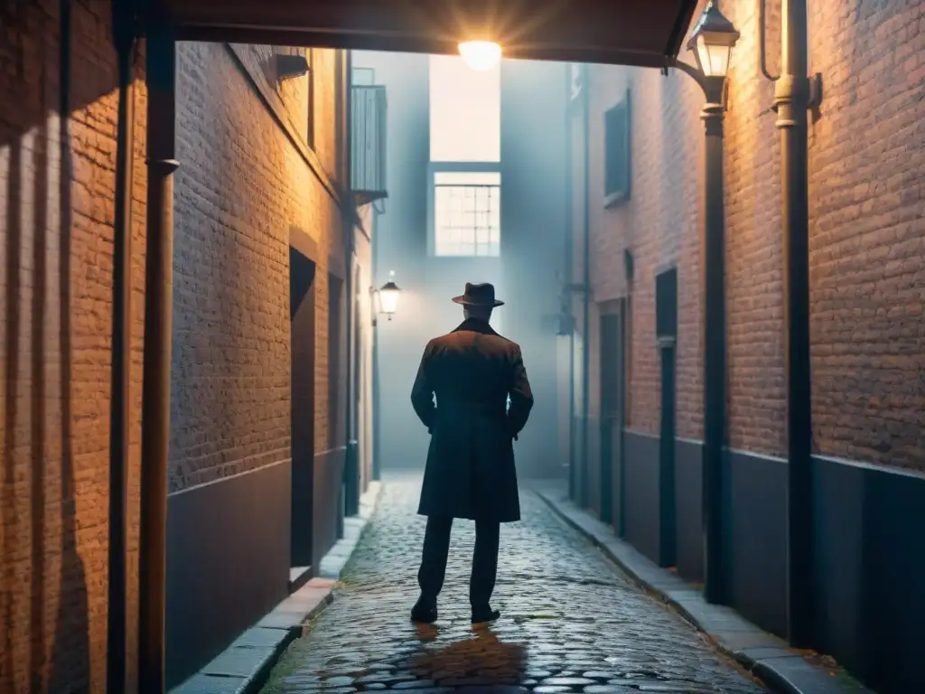 En la penumbra del callejón, una silueta misteriosa con sombrero de copa sostiene una lupa, evocando técnicas de resolución de misterios