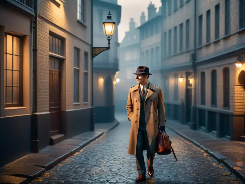 En la penumbra de un callejón, sombreros de detectives icónicos como Sherlock Holmes, Poirot y Columbo