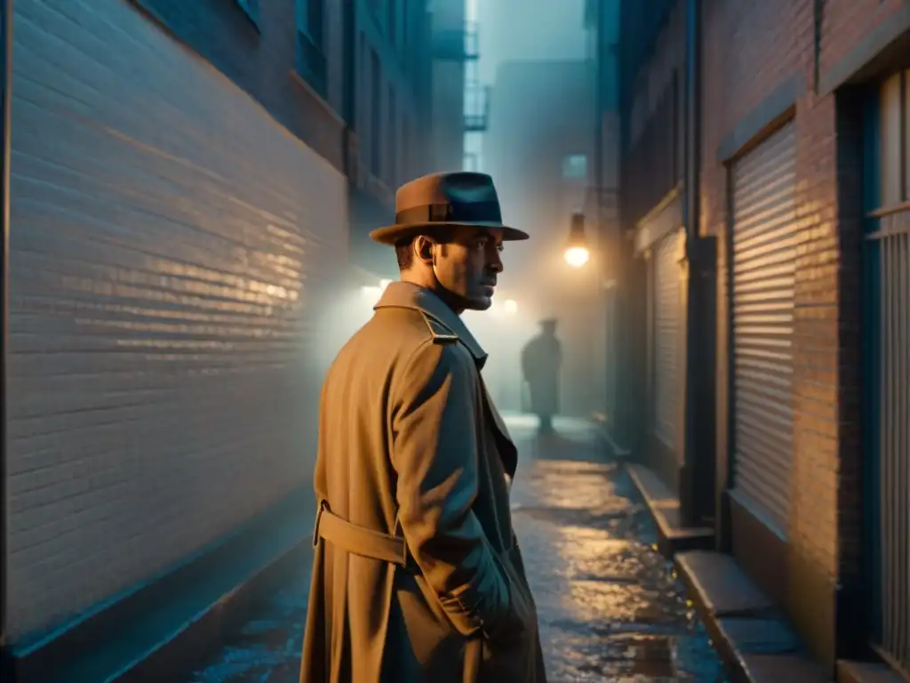 En la penumbra de un callejón urbano, un detective en trench coat bajo la luz de un farol