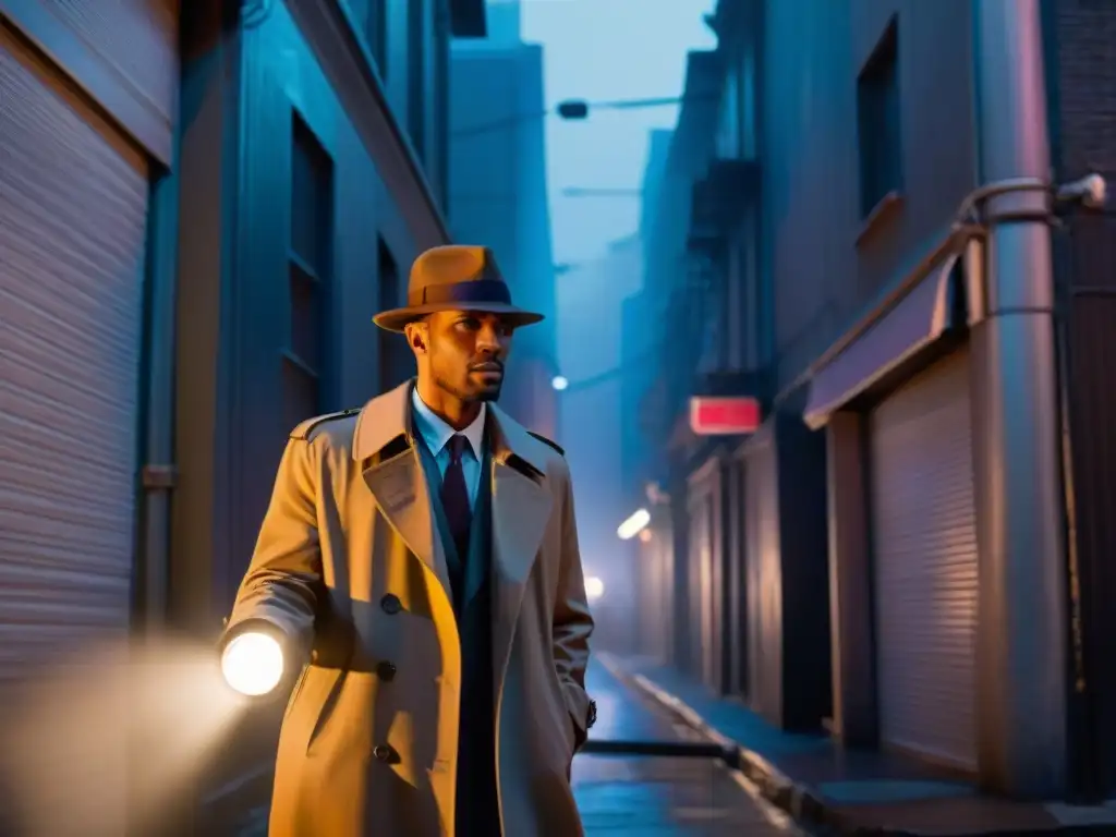 Figura en la penumbra bajo la luz de un letrero de neón en un callejón de la ciudad de noche, observando una cámara de seguridad