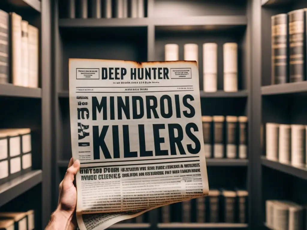 En la penumbra, una mano sostiene un recorte de periódico manchado de sangre sobre asesinos en serie, rodeada de coleccionables Mindhunter