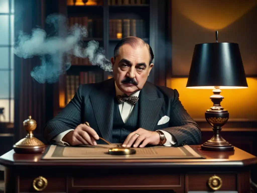 La habitación en penumbra de Poirot, llena de misterio y elegancia, con el detective examinando un reloj de bolsillo