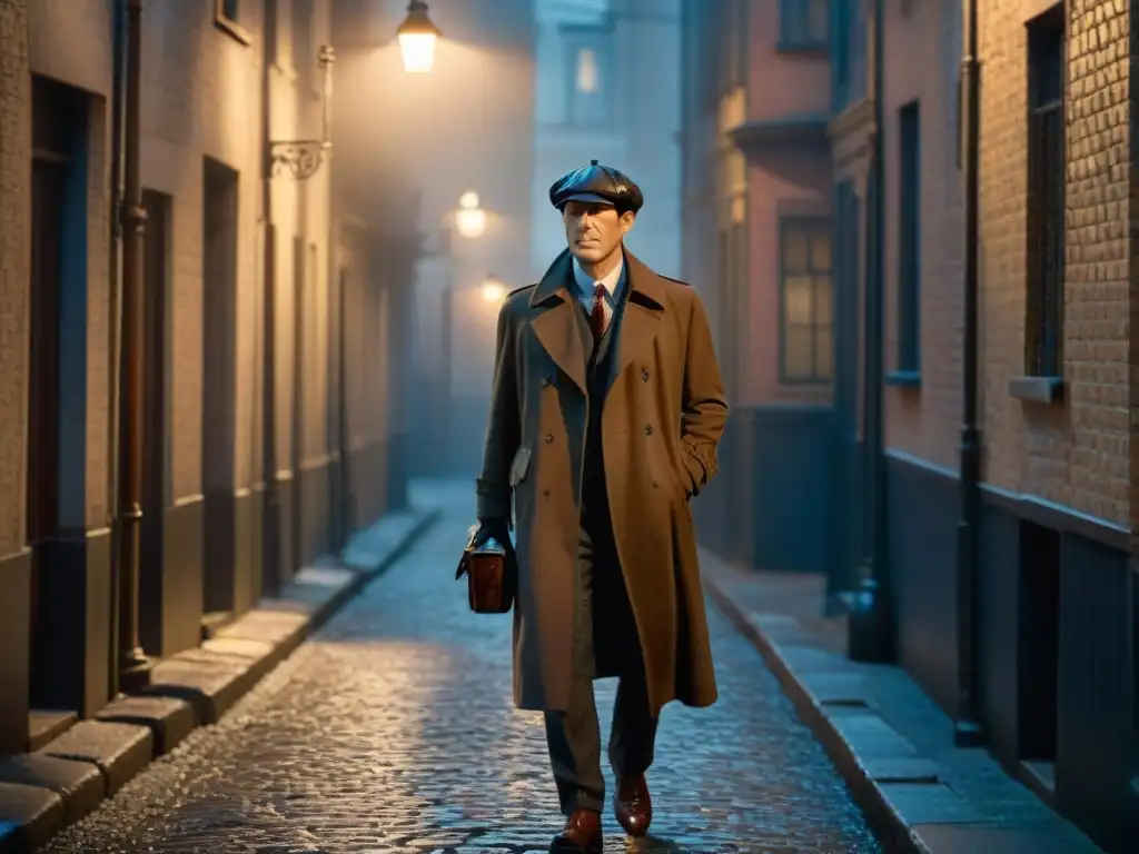 Perfil Sherlock Holmes en cine: Un callejón sombrío iluminado por una farola, con una figura misteriosa en silueta