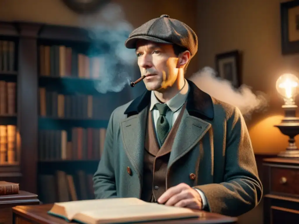 Perfil Sherlock Holmes en cine: Imagen en 8K de Holmes en una habitación sombría, con su sombrero característico y lupa, rodeado de misterio y drama