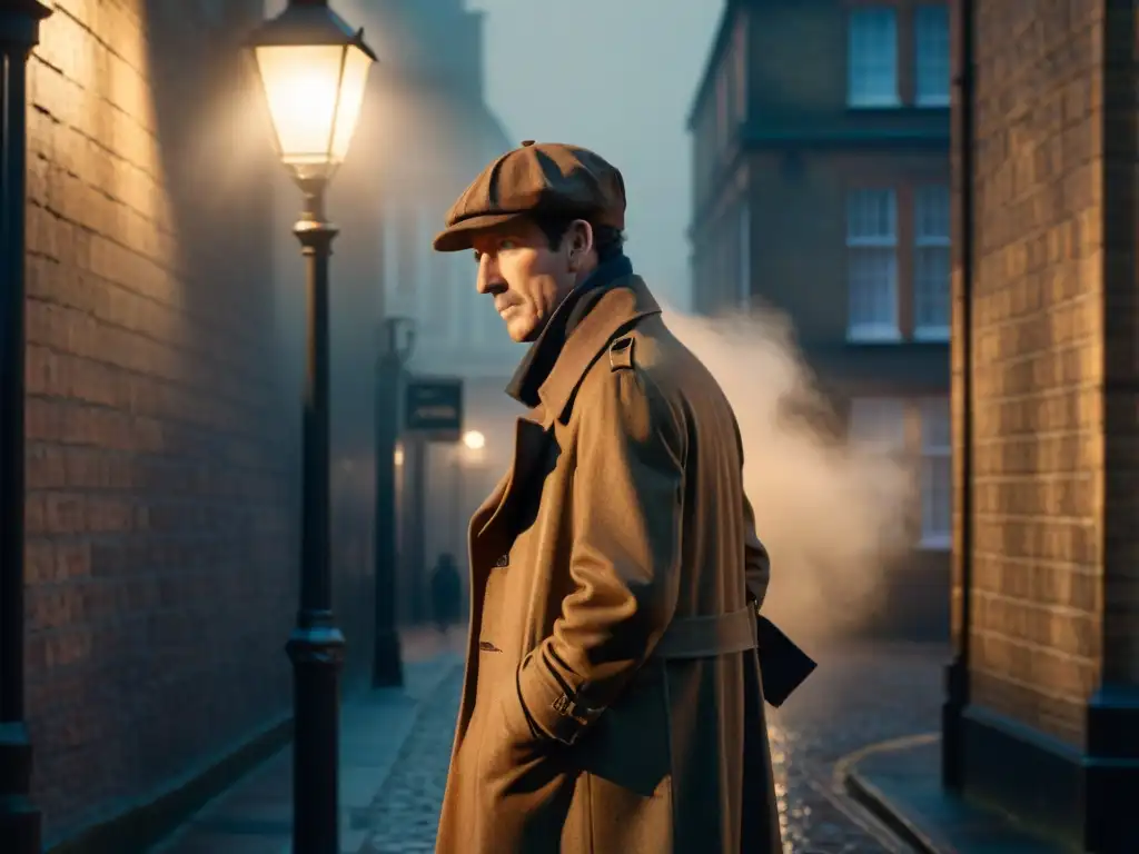 Perfil de Sherlock Holmes en cine: Misterioso detective bajo farola en Londres neblinoso