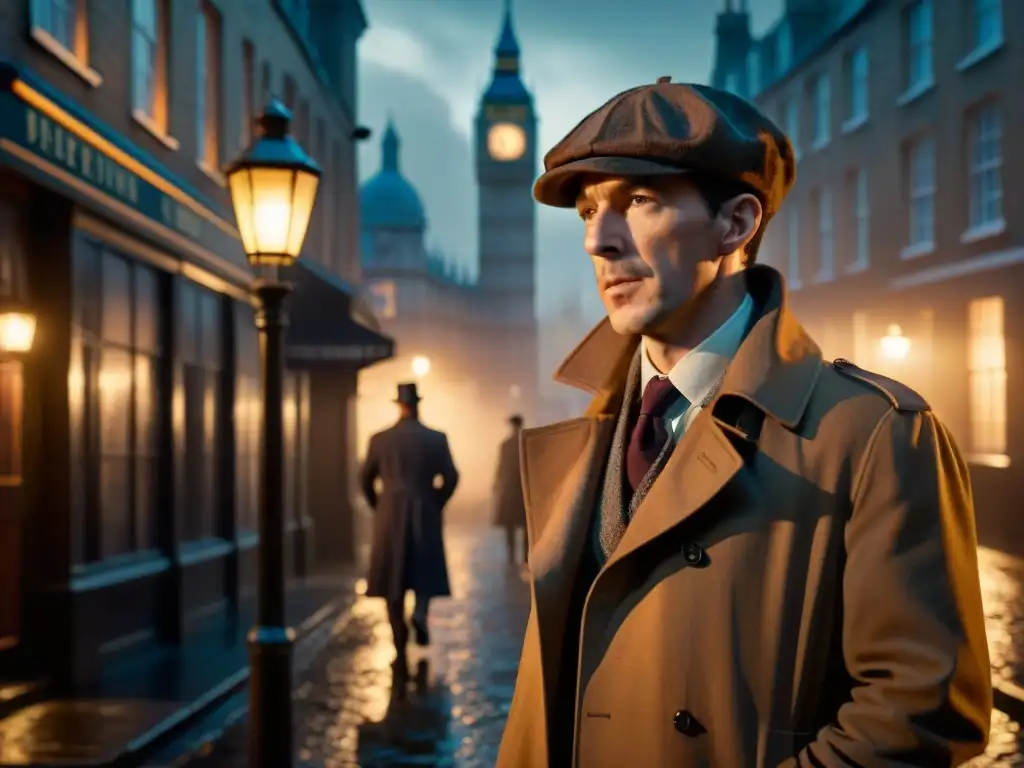 Perfil de Sherlock Holmes en cine: Silueta del detective en un callejón neblinoso de Londres, iluminado por una lámpara de gas