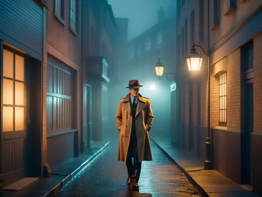 Detective en la sombra: Misterio y suspense en la ciudad Perfil de un detective en la oscuridad de un callejón, con un estilo cinematográfico de intriga y suspense
