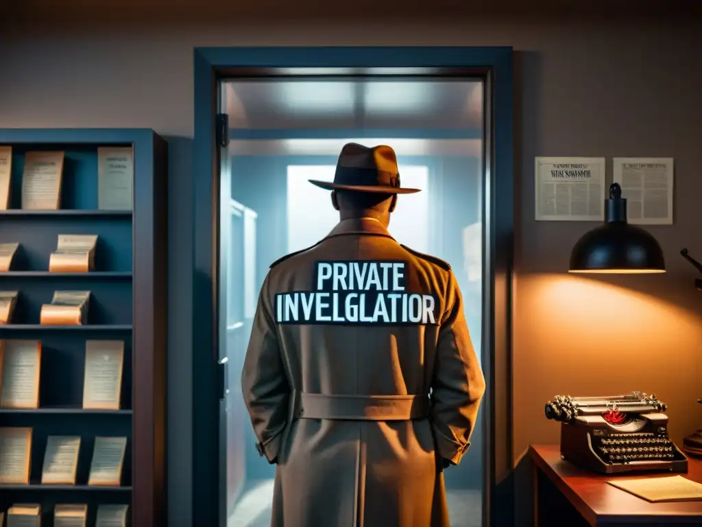 Oficina de detective: misterio y pistas enigmáticas Perfil detectives cine televisión habilidades: Oficina de detective con ambiente noir, escritorio vintage y pistas en corcho
