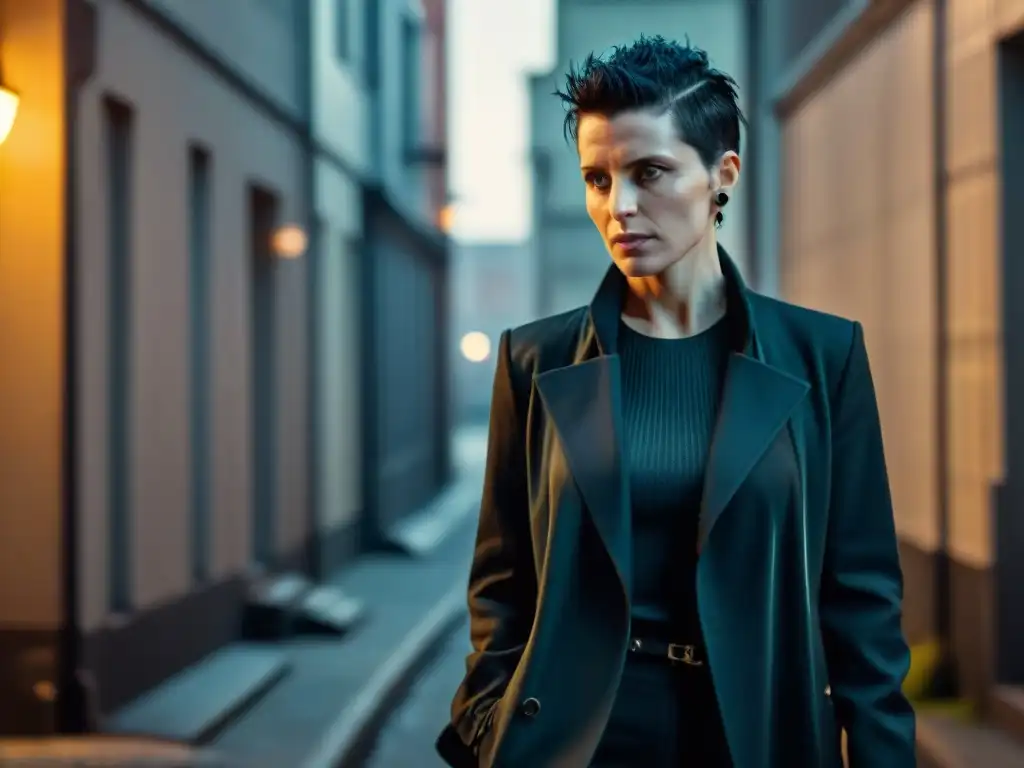 Perfil Lisbeth Salander detectives icónicos: Figura misteriosa con cámara vintage en callejón sombrío