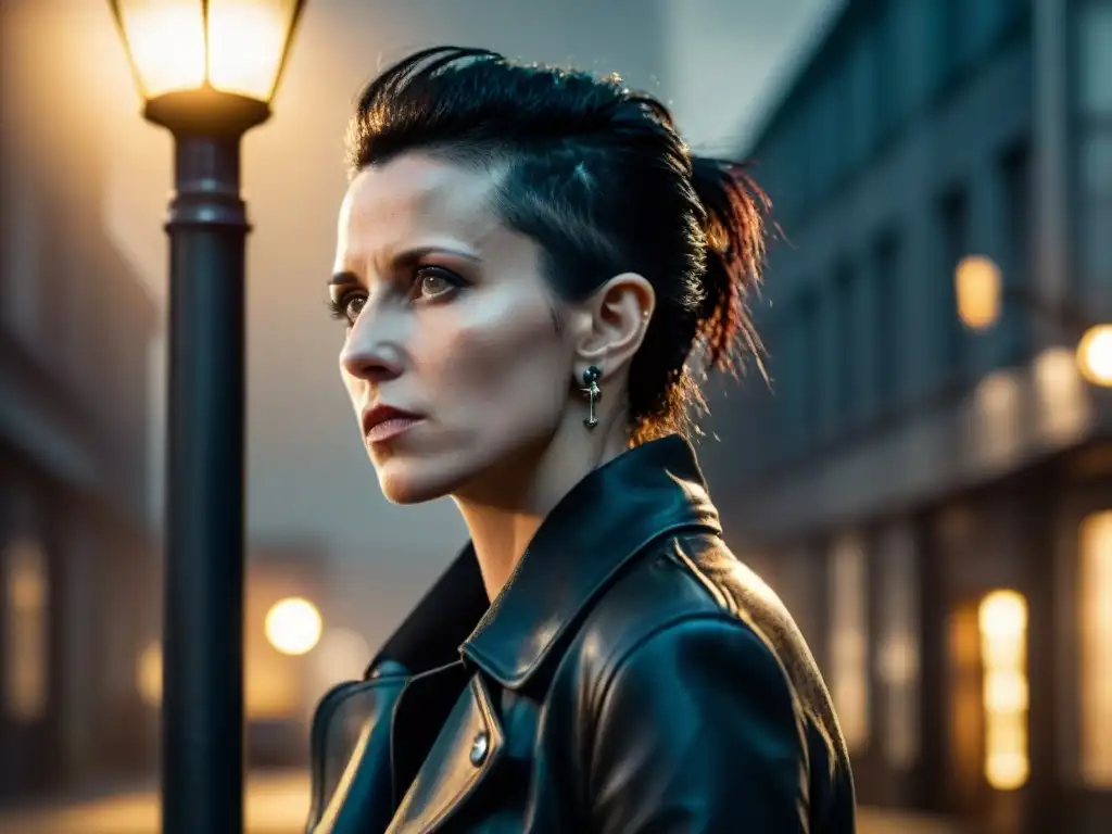 Perfil de Lisbeth Salander, icónica detective en un oscuro escenario urbano, destacando su misteriosa y enigmática presencia