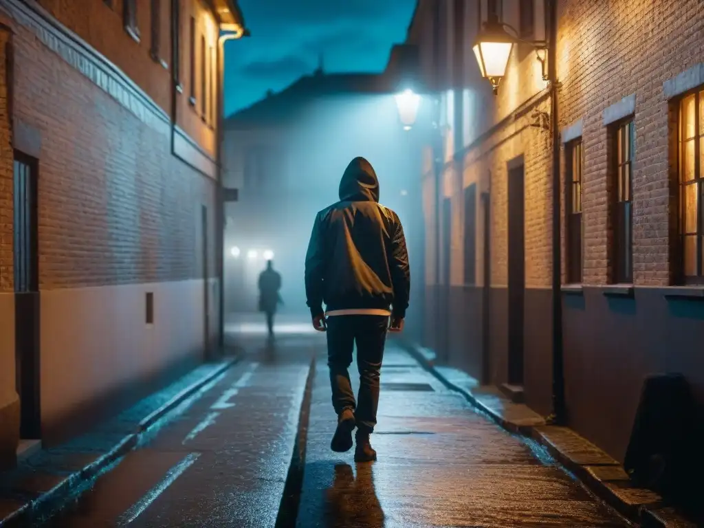 Persona practicando autodefensa en un callejón oscuro bajo la luz de una farola vintage, reflejos de la lluvia