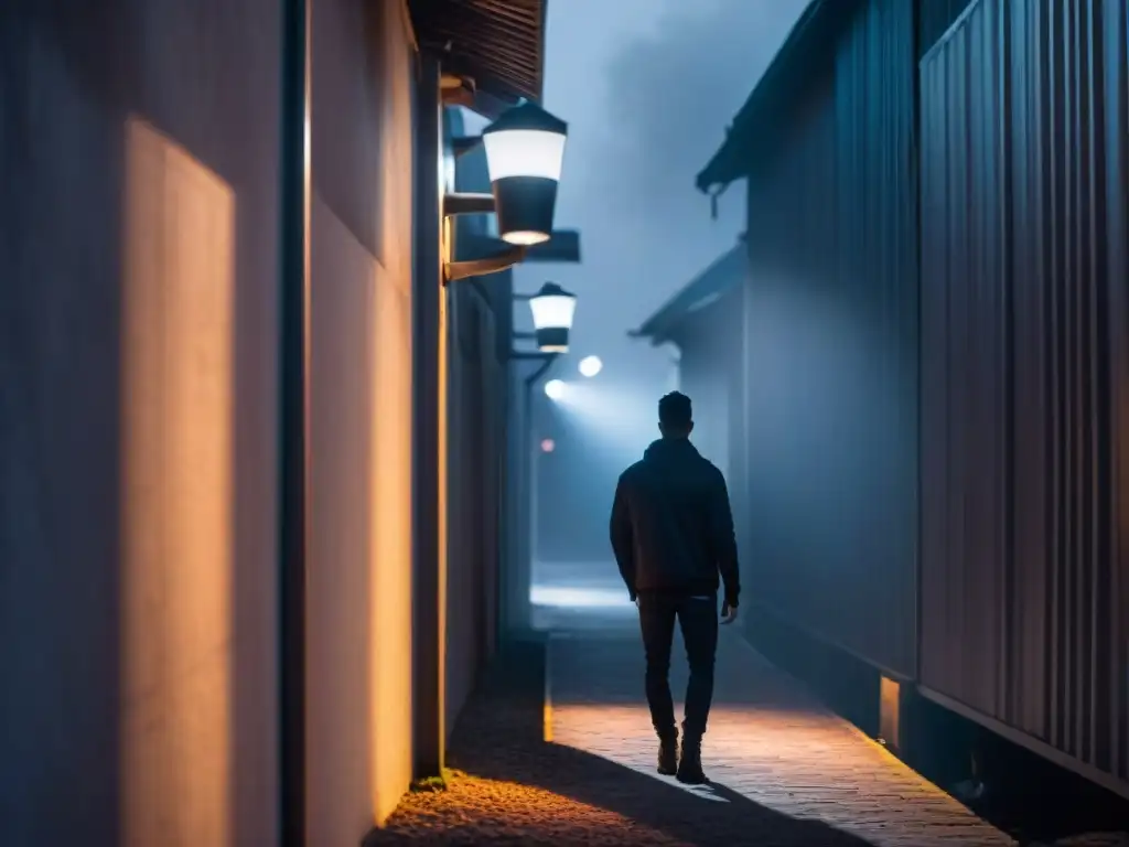 Persona en callejón oscuro de noche con gadget de defensa personal futurista, evocando misterio y peligro