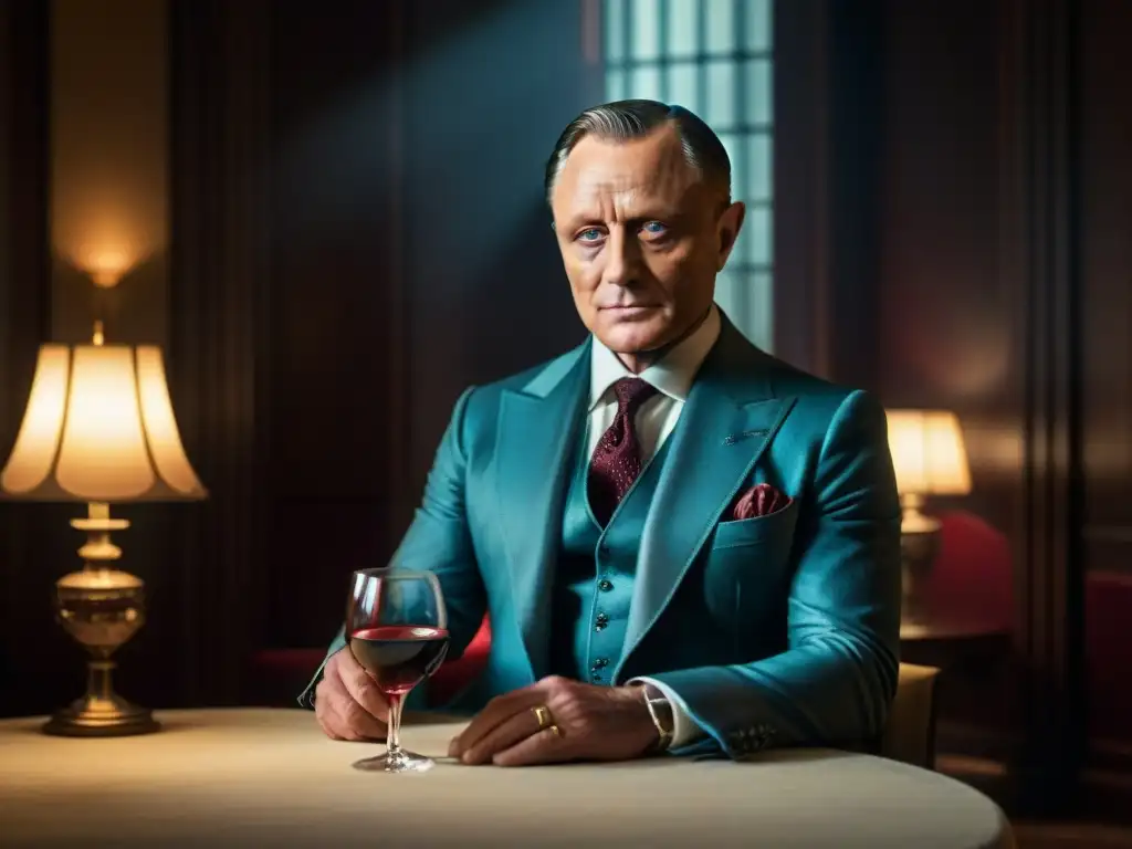 Hannibal Lecter analizando al personaje icónico en sala elegante, luz tenue y copa de vino tinto