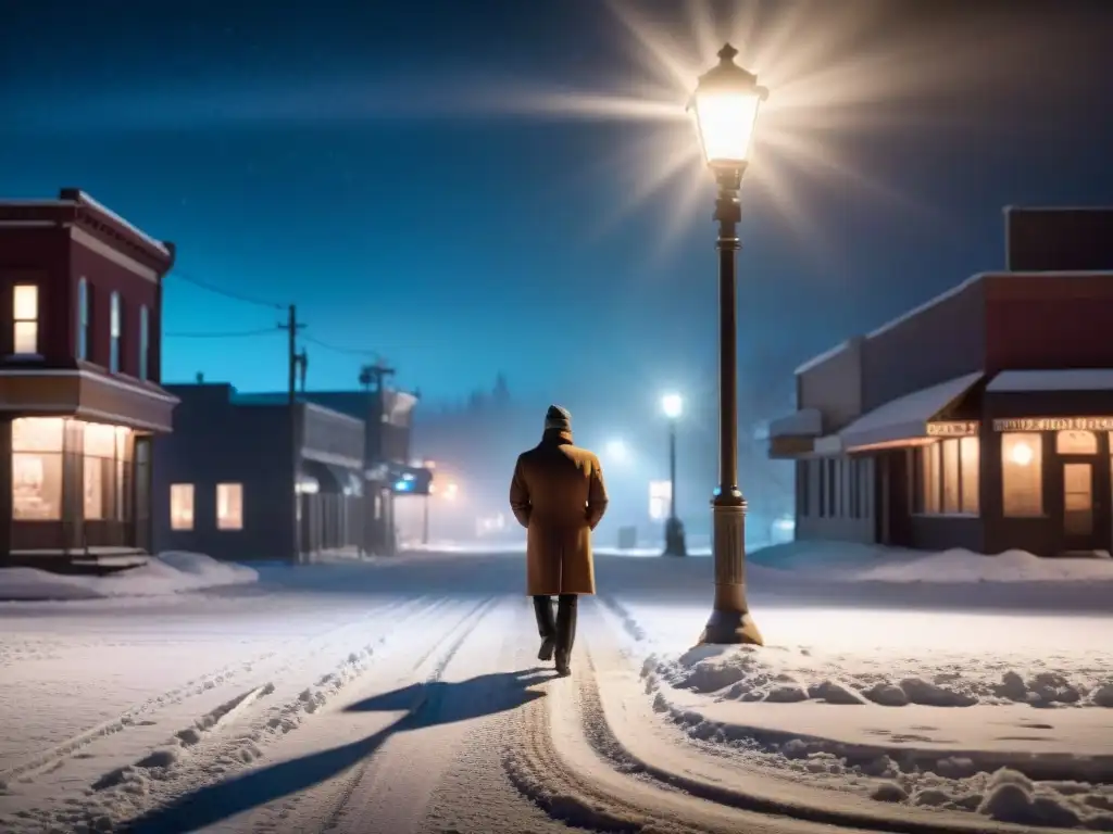 Un personaje solitario camina bajo la luz de una farola en una noche nevada, capturando la atmósfera misteriosa de 'Fargo'