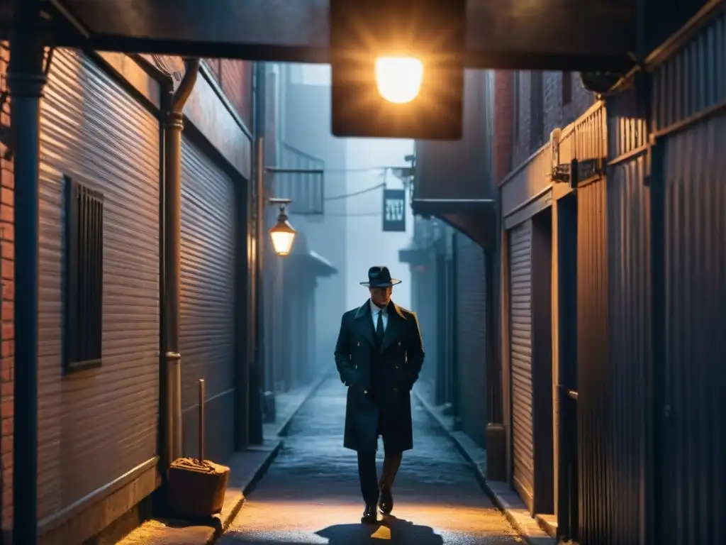 Un personaje solitario bajo la luz de una farola en un callejón oscuro, evocando la influencia literaria en 'The Wire'