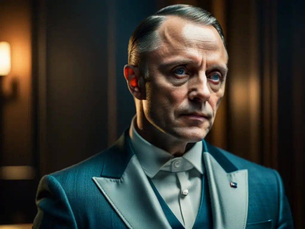 El perturbador Hannibal Lecter en una habitación sombría, con ojos penetrantes reflejando elegante malevolencia