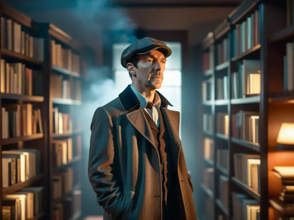 Sherlock Holmes investigando pistas con su lupa en una habitación llena de misterio y libros