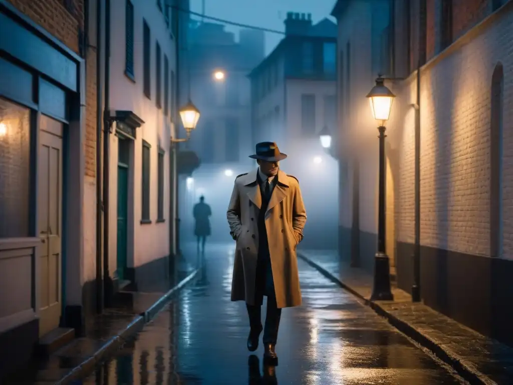 Presencia del sobrenatural en misterio: un callejón sombrío de noche, envuelto en neblina con una única farola proyectando sombras inquietantes