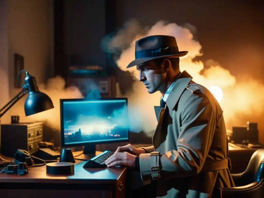 Escena noir informática: programador en oficina misteriosa Un programador detective en un oscuro ambiente de cine noir con un escritorio vintage y herramientas de detective