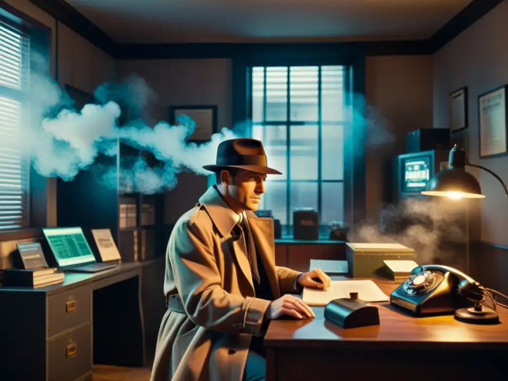Noir informático: el programador detective en acción Un programador solitario en una oficina llena de humo, al estilo de una película noir