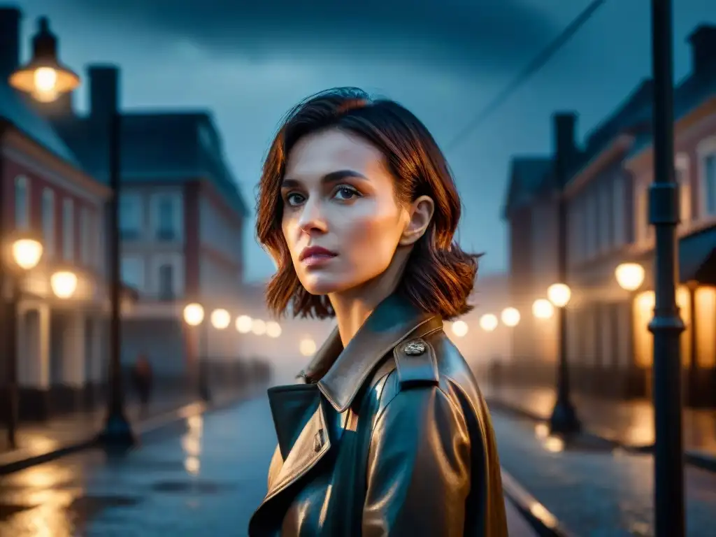 Marcella, la protagonista, bajo la luz de la farola en una noche lluviosa, reflejando misterio en Análisis detectives Marcella temporada 3