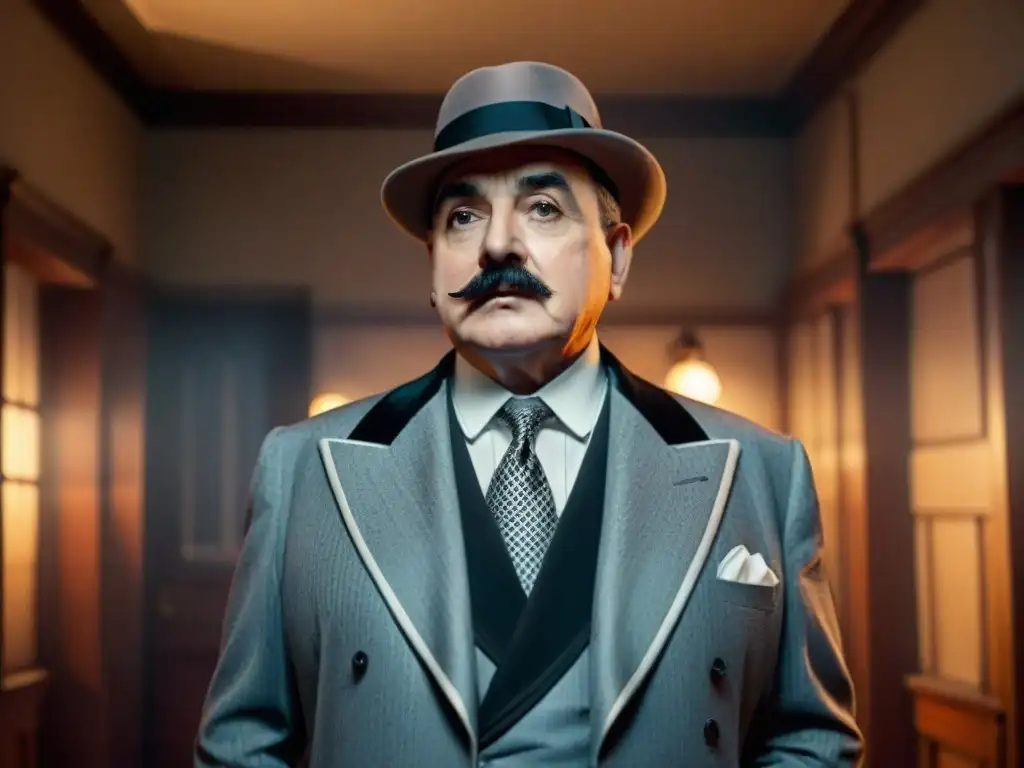 Psicología de detective Poirot inmersa en un escenario de misterio en blanco y negro y estilo Film Noir