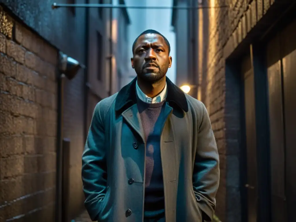 La psicología profunda de detectives en 'Luther', solitario en un oscuro callejón bajo la lluvia, iluminado por la luz de una farola distante