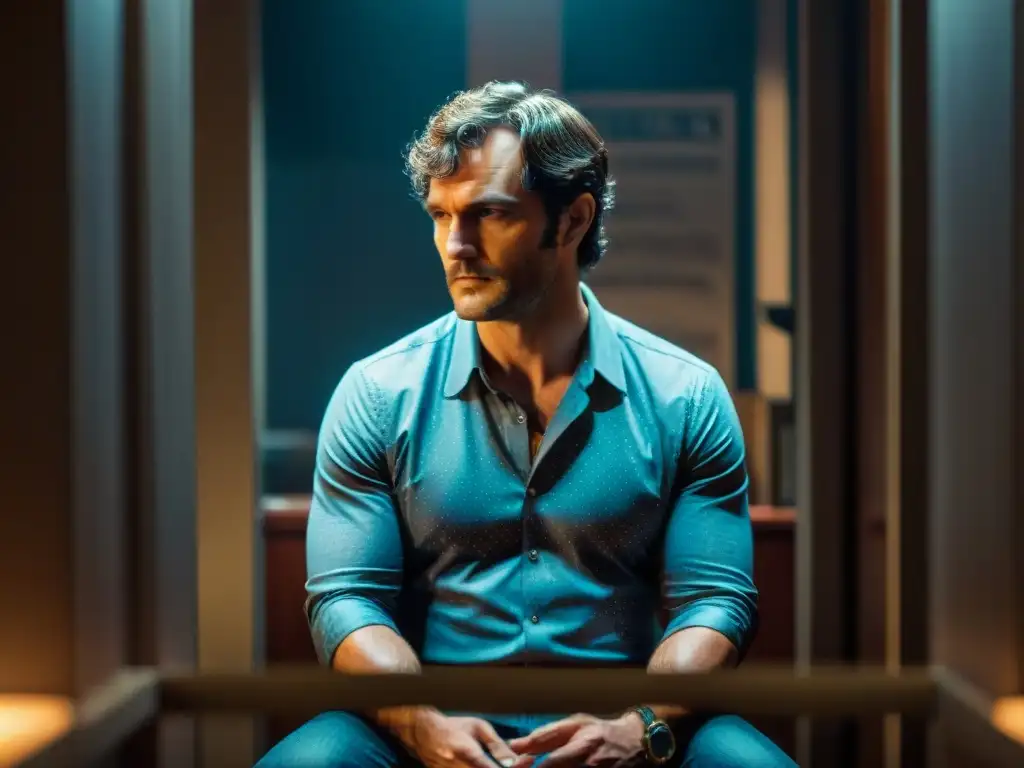 Will Graham, detective psicológico Hannibal, inmerso en la oscuridad de su oficina, analizando pistas en un ambiente de thriller