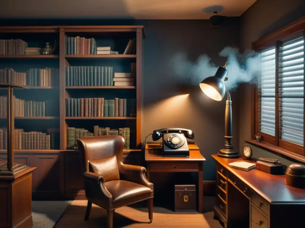 Realidad virtual para detectives aficionados: Oficina vintage de detective en blanco y negro con ambiente misterioso y lleno de intriga