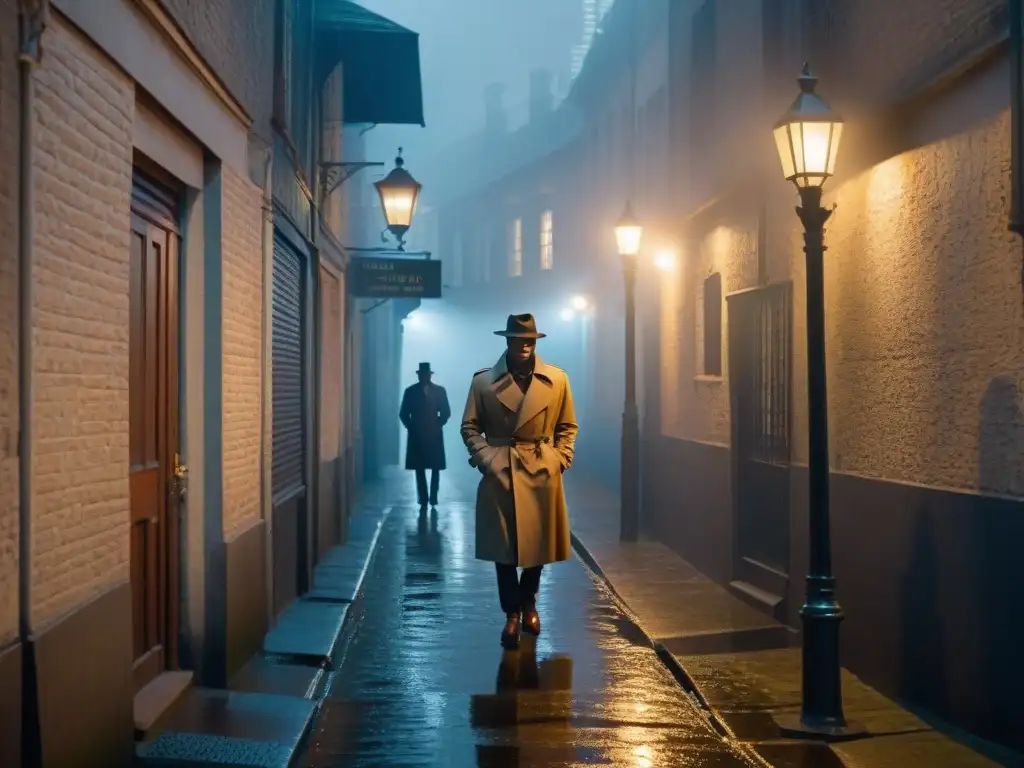 Un recorrido nocturno por un callejón oscuro con siluetas inquietantes, iluminado por una farola vintage que destella