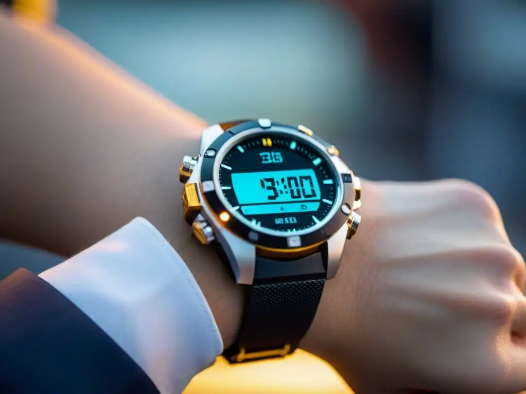 Reloj de pulsera futurista con gadgets defensa detectives innovadores, iluminado por farola en la penumbra