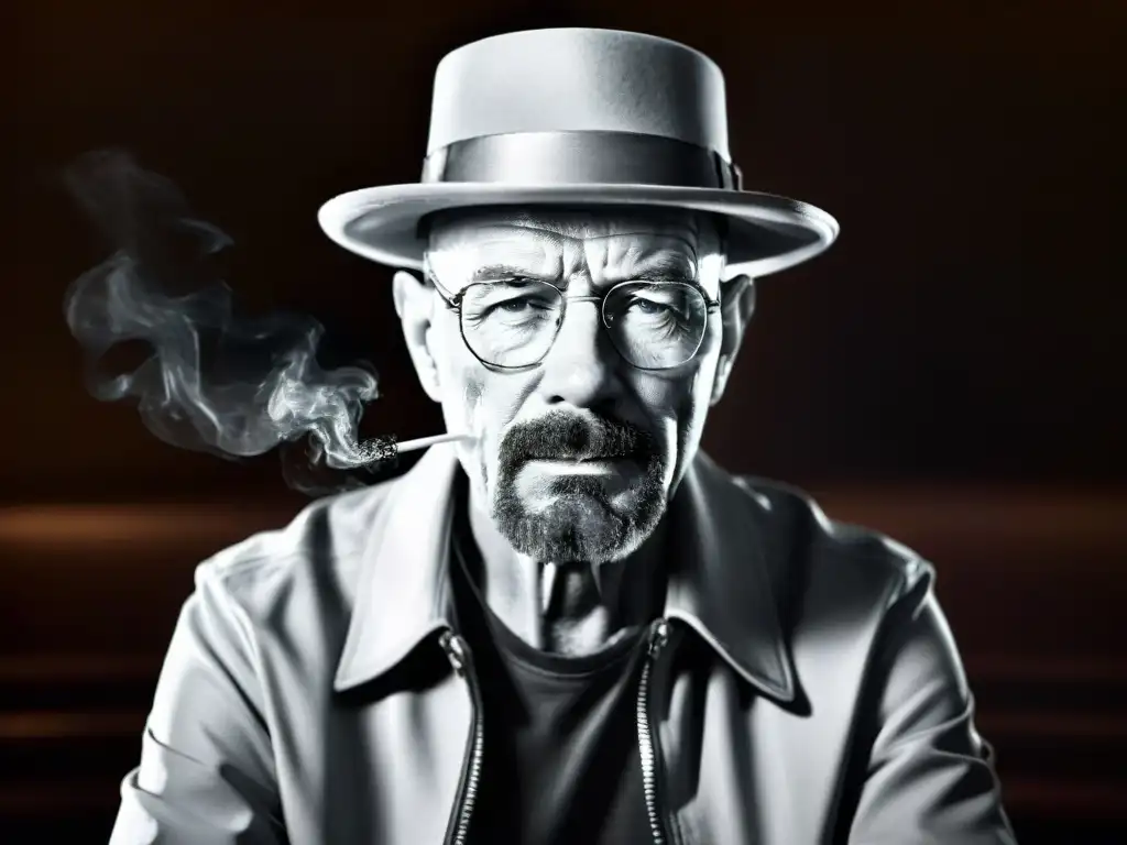 Retrato en blanco y negro de Walter White de 'Breaking Bad', rodeado de sombras y humo de cigarrillo