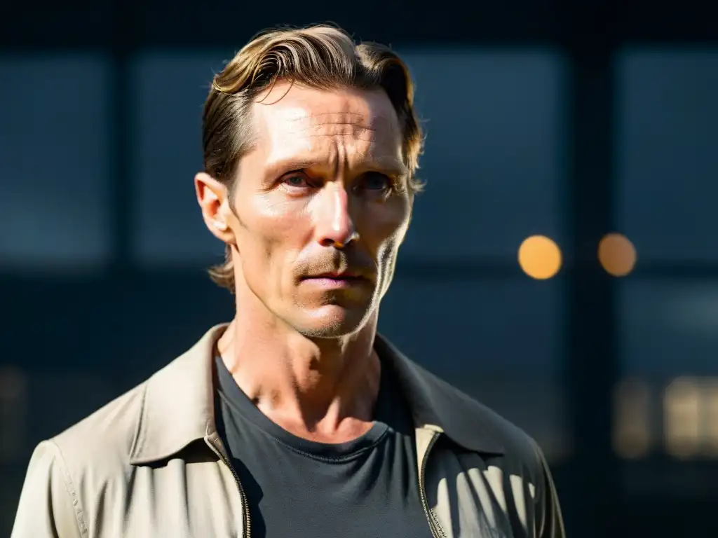 Retrato intenso de Psique Rust Cohle en True Detective: expresión sombría y mirada penetrante en un ambiente misterioso de cine noir