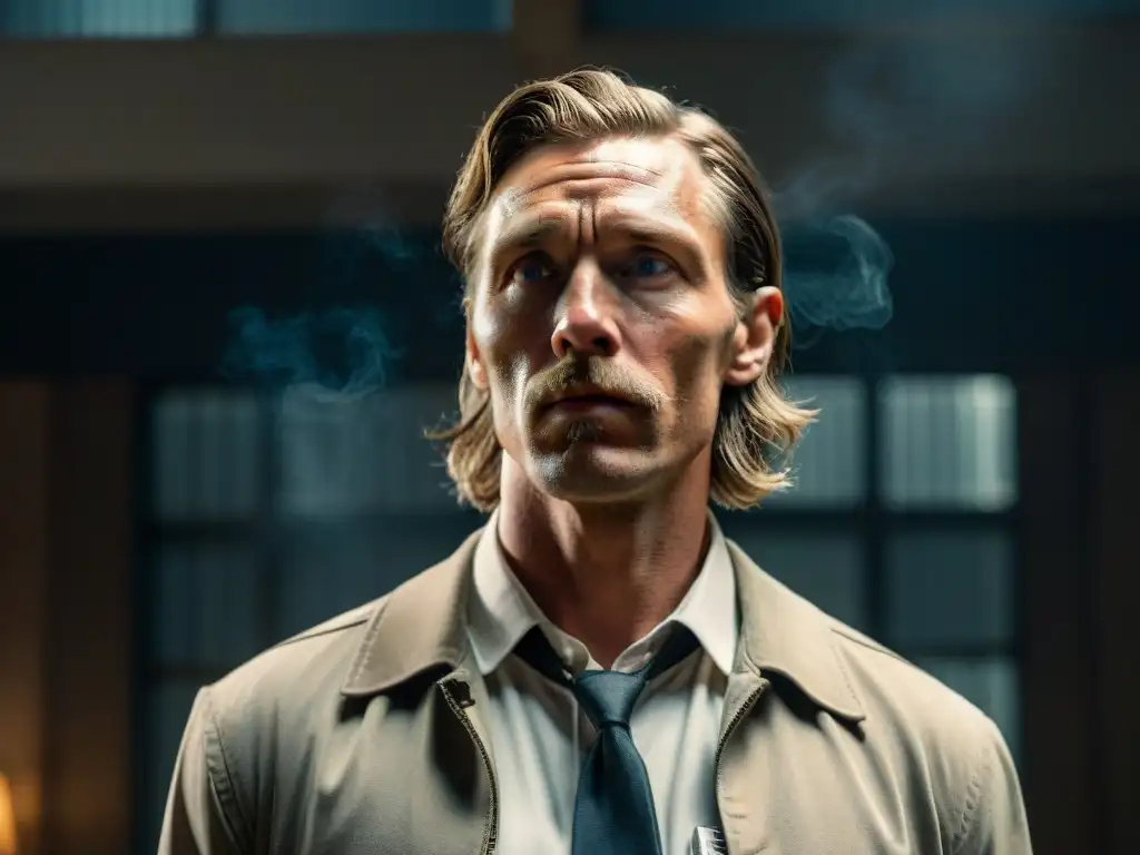 Retrato oscuro y profundo de Rust Cohle, el detective de True Detective, reflejando su complejidad en un ambiente misterioso