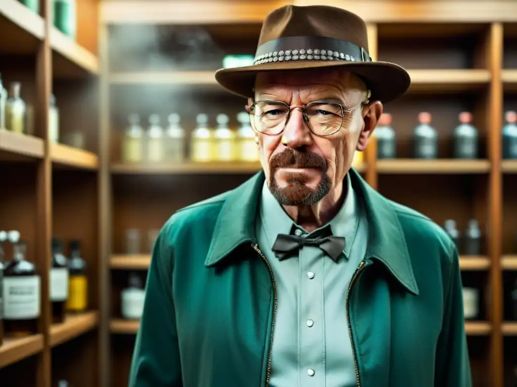 Retrato de Walter White en Breaking Bad, con su sombrero negro y mirada amenazante en una habitación sombría llena de equipo de química