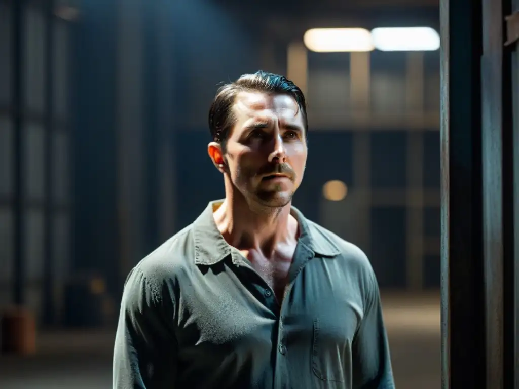 Transformación de Christian Bale en The Machinist: Trevor Reznik, desgastado y solitario en almacén industrial sombrío