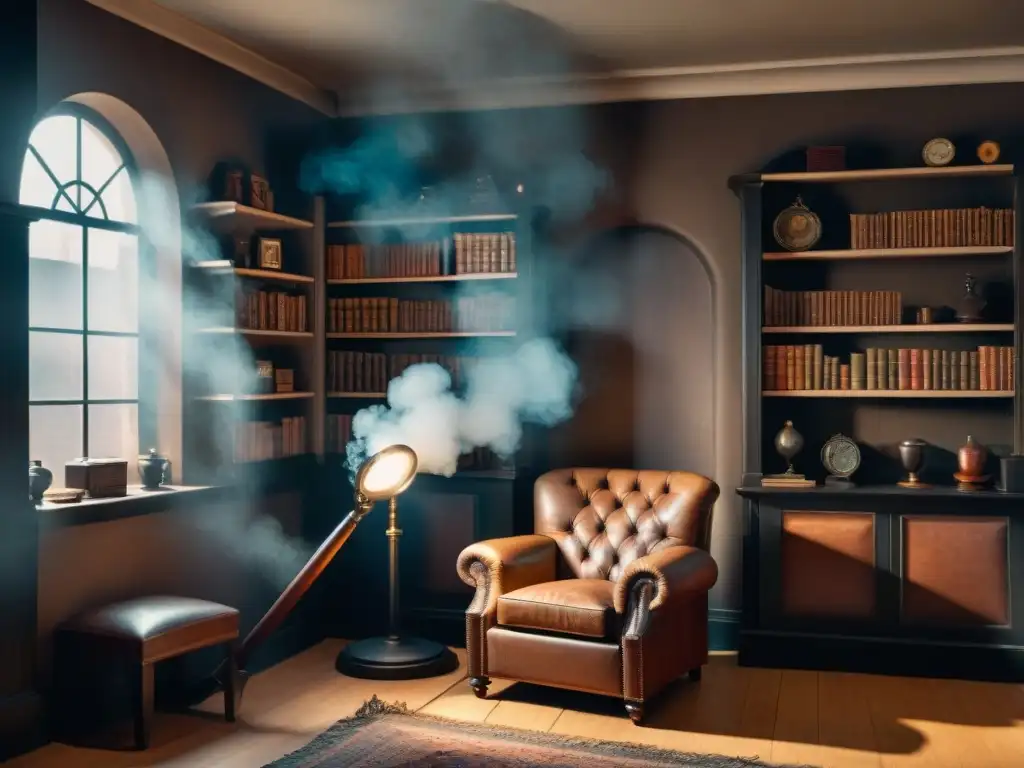 Un rincón oscuro lleno de artículos de colección Sherlock detectives, con una lupa sobre un sillón de cuero gastado y una pipa humeante