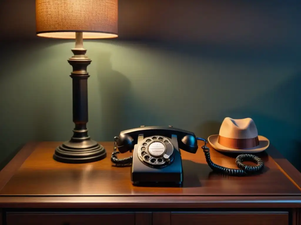 Un rincón oscuro con sombras en las paredes, un teléfono rotativo vintage sobre un escritorio desordenado junto a un sombrero y una lupa