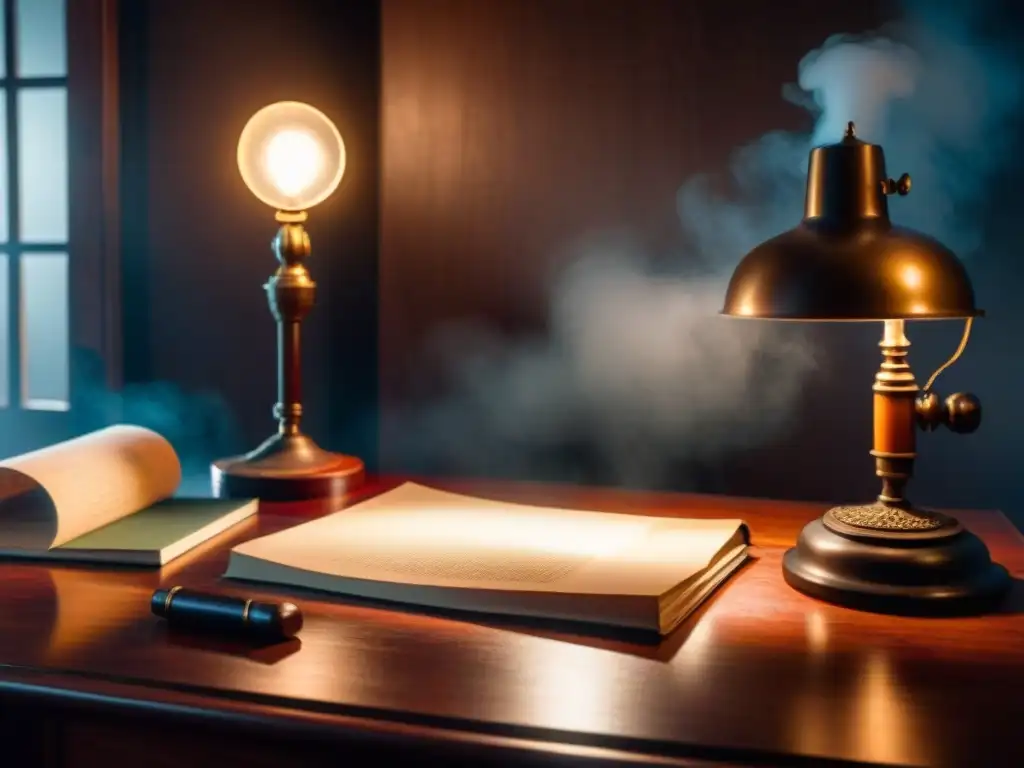 Escena de detective con carta misteriosa y pistolas antiguas Un rincón sombrío con un escritorio de madera repleto de herramientas de detective: lupa, revólver antiguo y cuaderno gastado