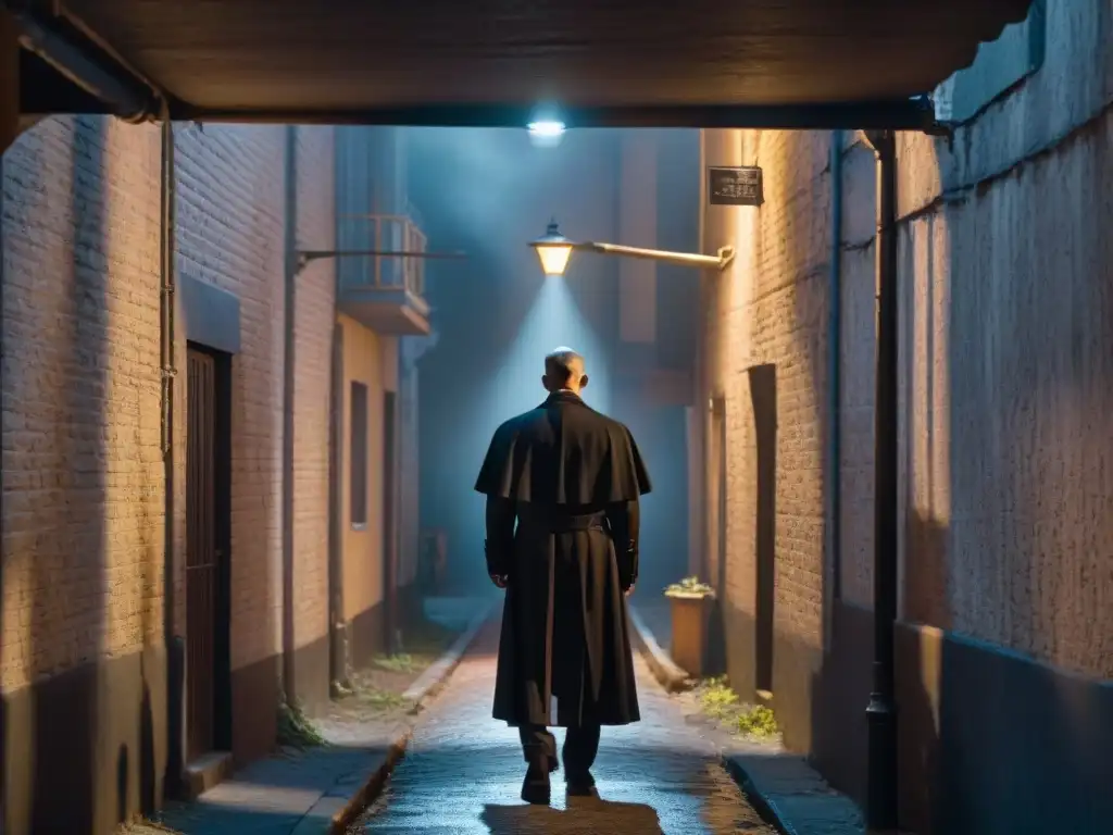 Sacerdote detective Grantchester analizando en un callejón sombrío, sumergido en misterio y contemplación