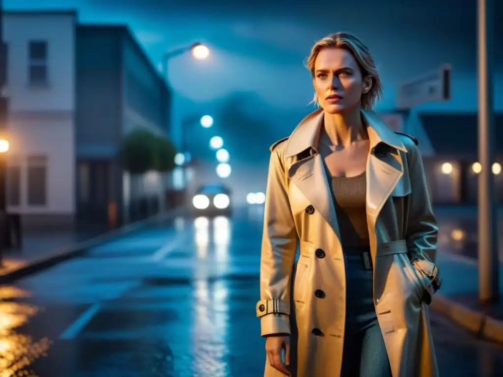 Saga Norén de 'The Bridge' en la noche lluviosa, bajo la luz de una farola, refleja la intensidad de su perfil psicológico detectives cine televisión