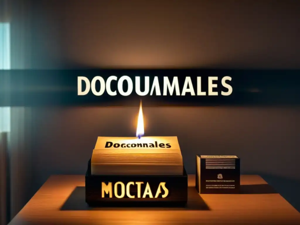 Una sala tenue con sombras en las paredes, una mesa con una vela parpadeante y cintas VHS de 'Documentales sobre sectas mortales' cubiertas de polvo