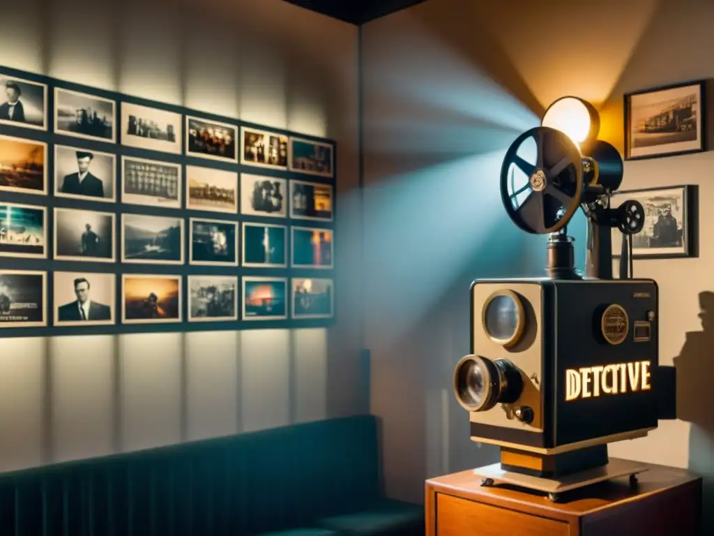 Salón con proyector vintage iluminando pósters de películas detectives clásicas, evolución del género