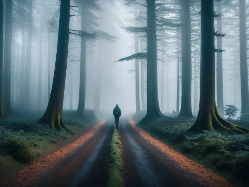 Un sendero oscuro y misterioso serpentea entre árboles sombríos en un denso bosque cubierto de niebla