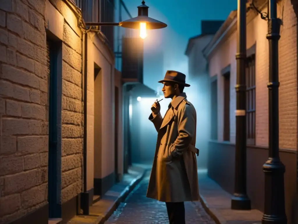 Serie detectives Starz análisis: Figura solitaria en callejón oscuro, misterioso y lleno de suspense, bajo luz de farola